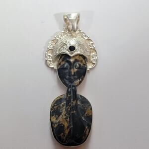 Goddess Pendant Carved Dark Stone Figure Sterling Silver